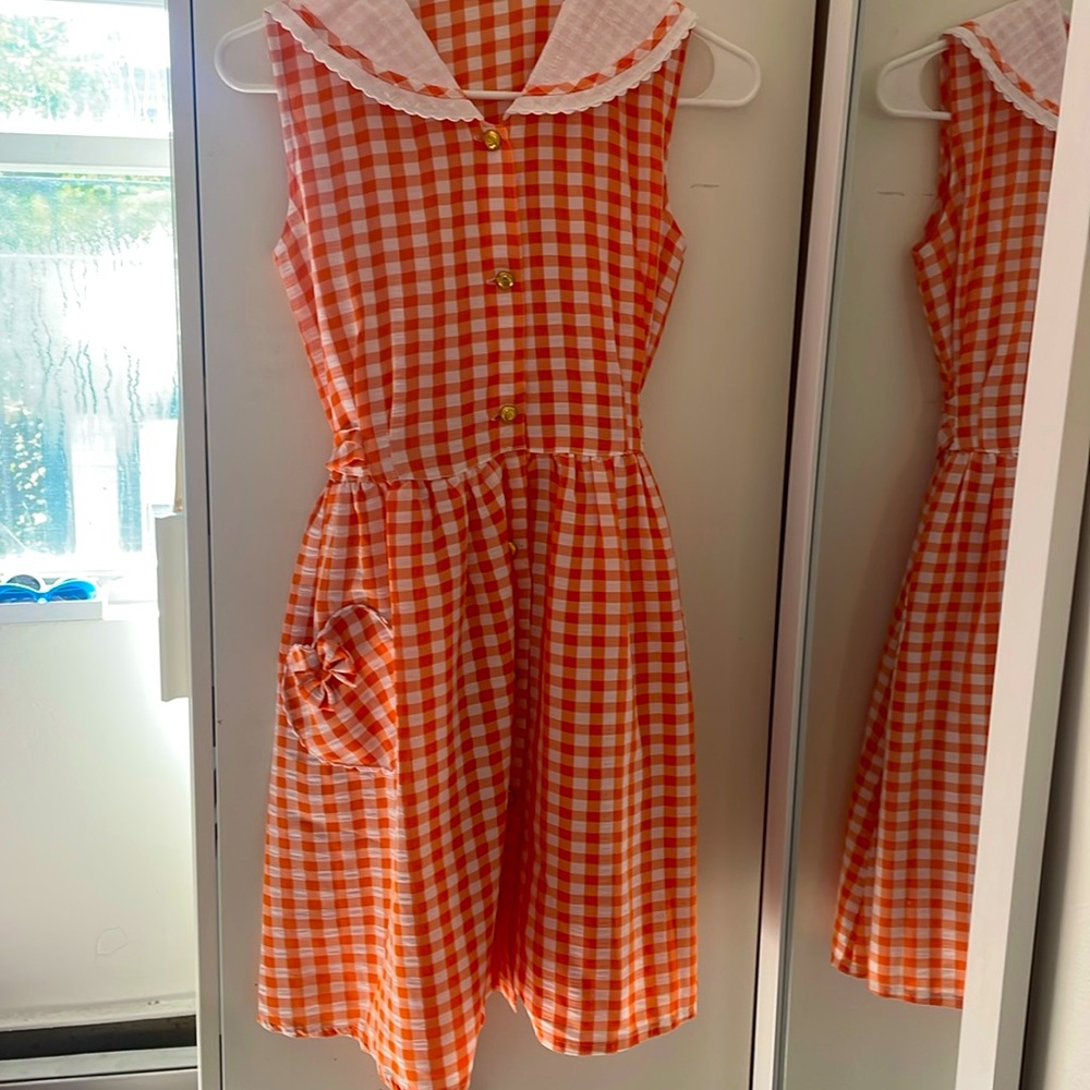 Vintage 60s Orange White Gingham Dress Peterpan Collar M
